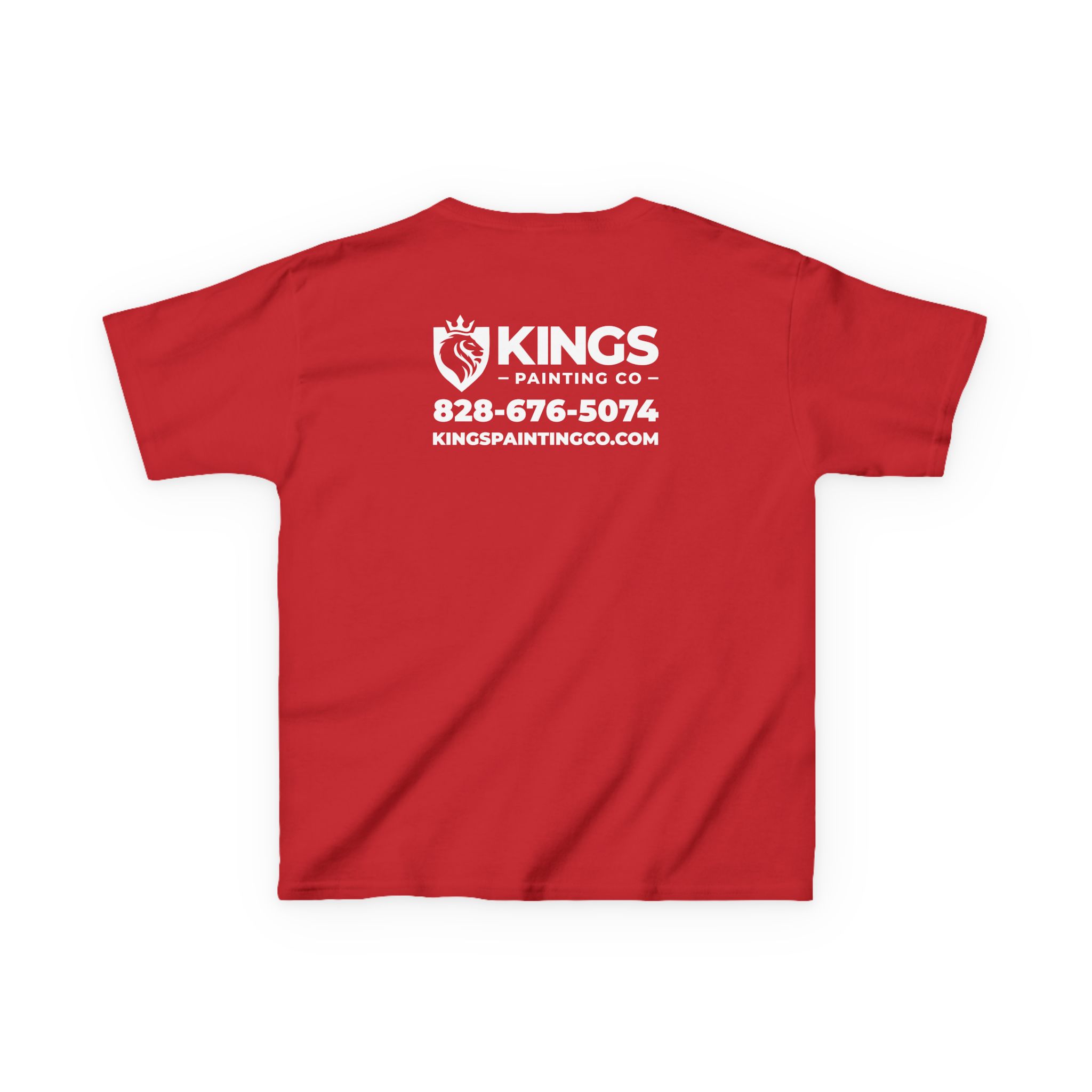 Kings Painting Co. Kids T-Shirt (White Graphics) | Gildan®– features a red shirt with Kings Painting Co., a crown and paintbrush logo, phone number 828-676-5074, and website kingspaintingco.com printed in white on the back.