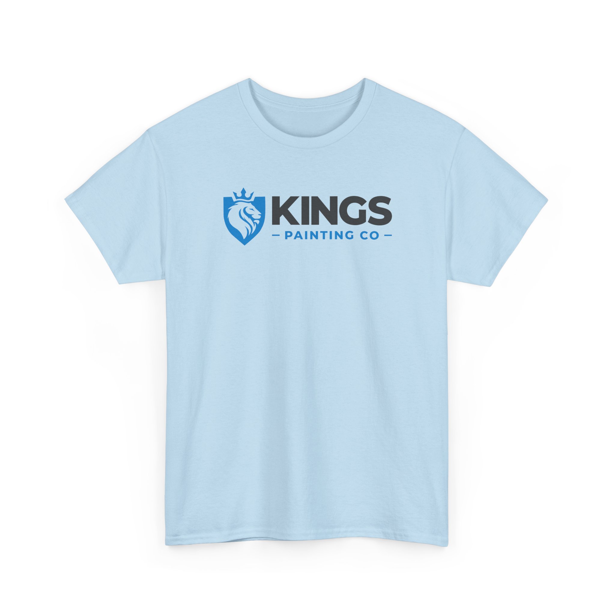 Kings Painting Co. Logo T‑Shirt | Gildan Ultra Cotton (G2000) features a light blue color with "KINGS PAINTING CO" printed in bold black and blue letters, accompanied by a crowned blue lion head logo to the left of the text.