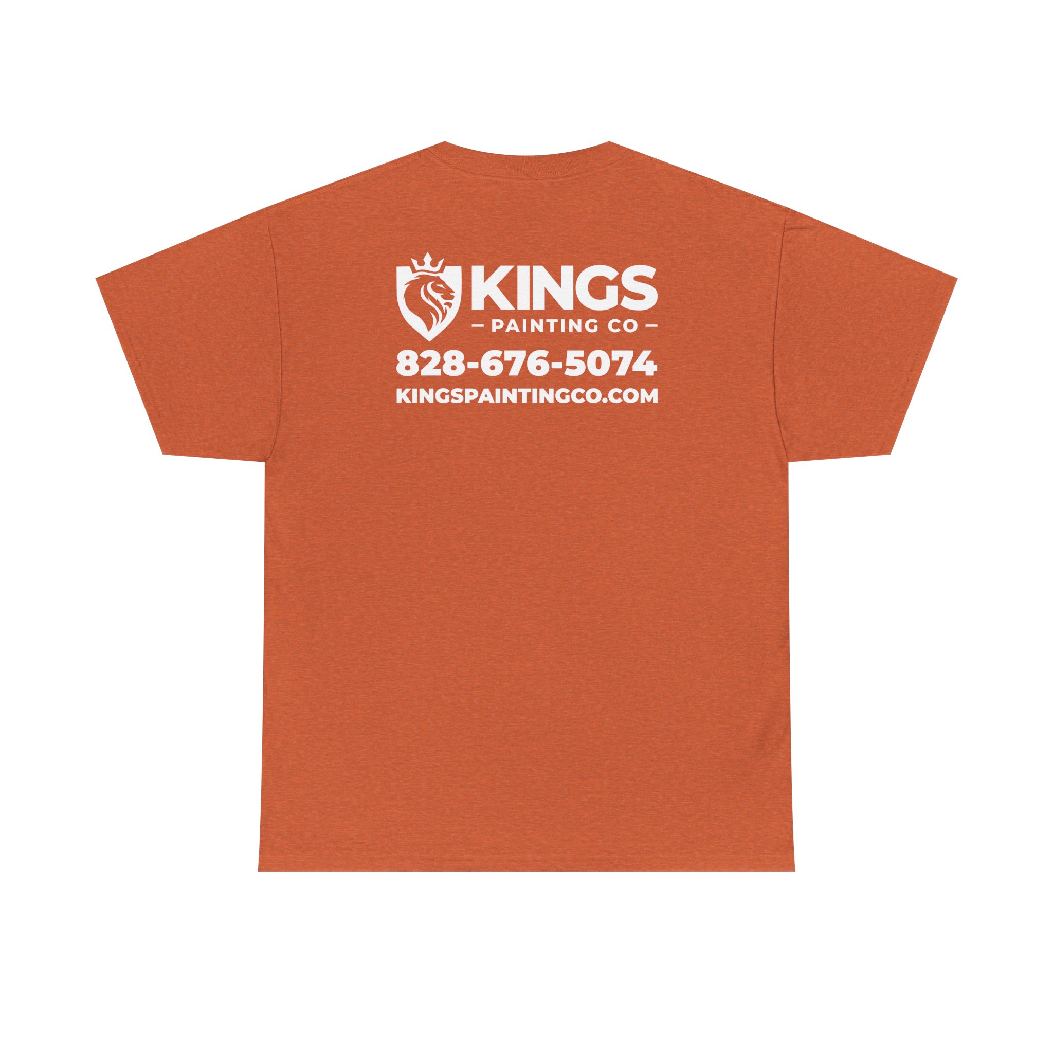 Kings Painting Co. Logo T-Shirt (Heather) | Gildan Ultra Cotton (G5000) in orange, featuring KINGS Painting Co., a lion logo, the phone number 828-676-5074, and the website kingspaintingco.com printed in white on the back.