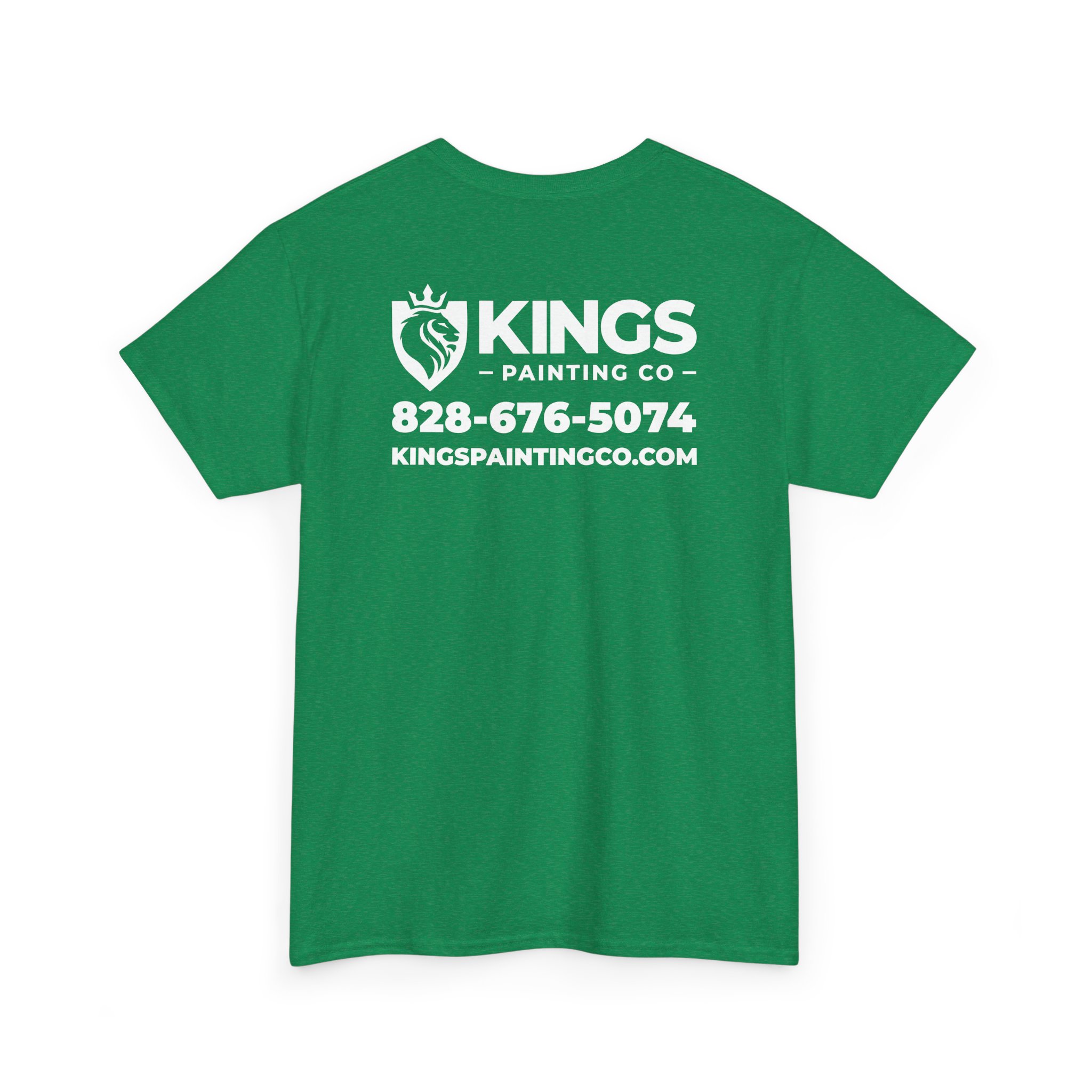 Kings Painting Co. Logo T‑Shirt (Heather) | Gildan Ultra Cotton (G5000) featuring “KINGS PAINTING CO,” a lion logo, phone number 828-676-5074, and website kingspaintingco.com printed in white on the back of a green shirt.