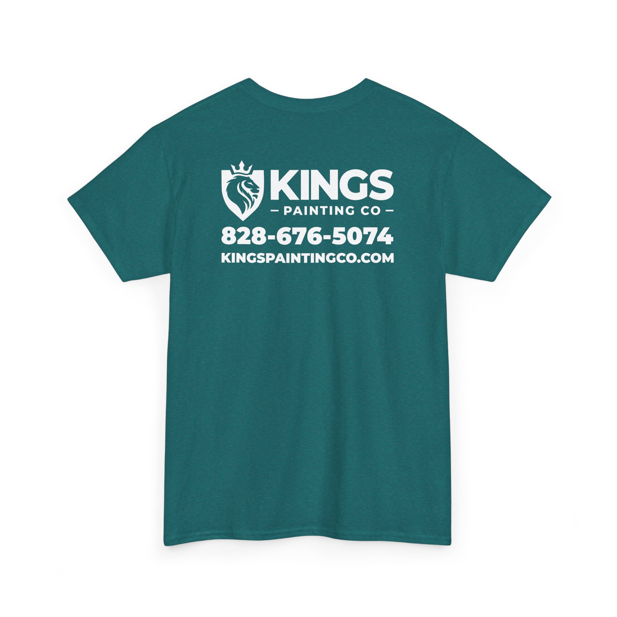 Kings Painting Co. Logo T‑Shirt (Heather) | Gildan Ultra Cotton (G5000) in teal, featuring the company logo with a lion crest, phone number (828-676-5074), and website (kingspaintingco.com) printed in white text on the back.