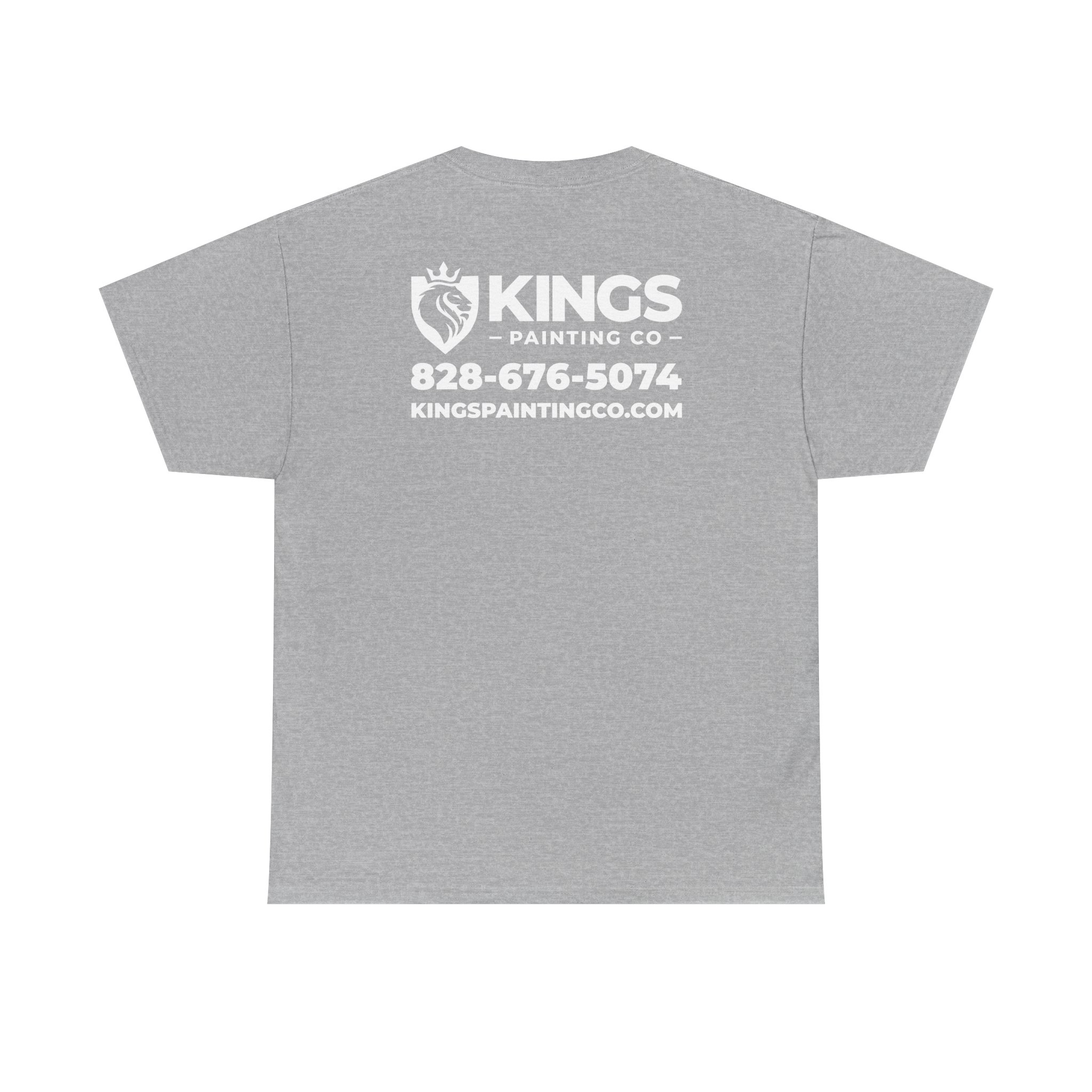 Kings Painting Co. Logo T‑Shirt (Heather) | Gildan Ultra Cotton (G5000) featuring a white KINGS PAINTING CO logo, lion graphic, phone number 828-676-5074, and website kingpaintingco.com printed on the upper back.