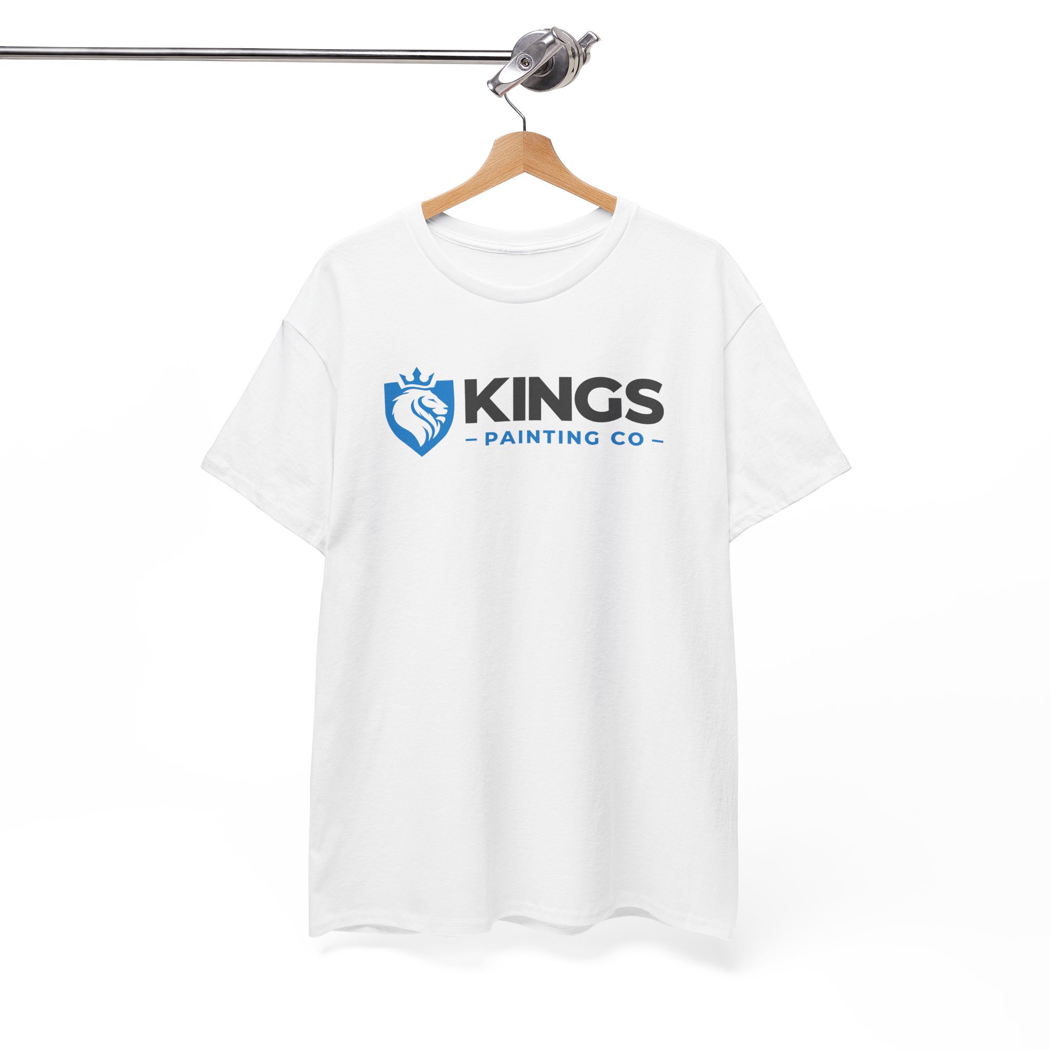 A Kings Painting Co. Logo T‑Shirt (Gildan Ultra Cotton G2000) in white is shown on a wooden hanger, featuring the blue lion shield logo and black and blue text.