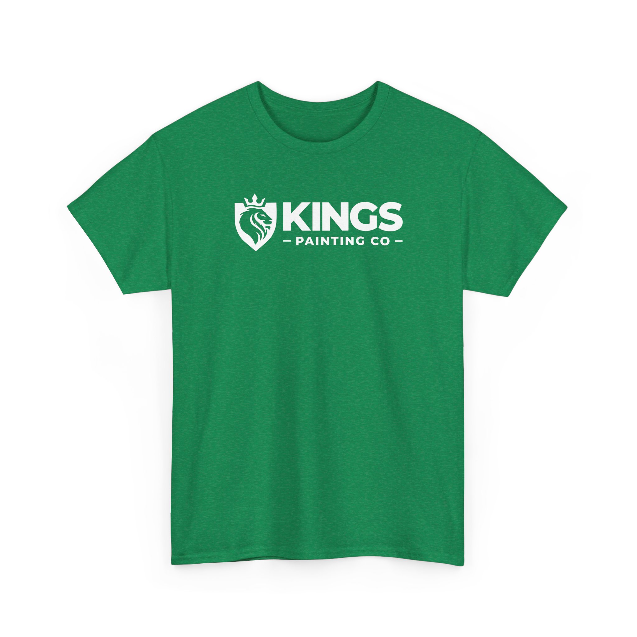 Kings Painting Co. Logo T-Shirt (Heather) | Gildan Ultra Cotton (G5000), featuring a green heather design with a crowned lion logo inside a shield to the left of white "KINGS PAINTING CO." text.