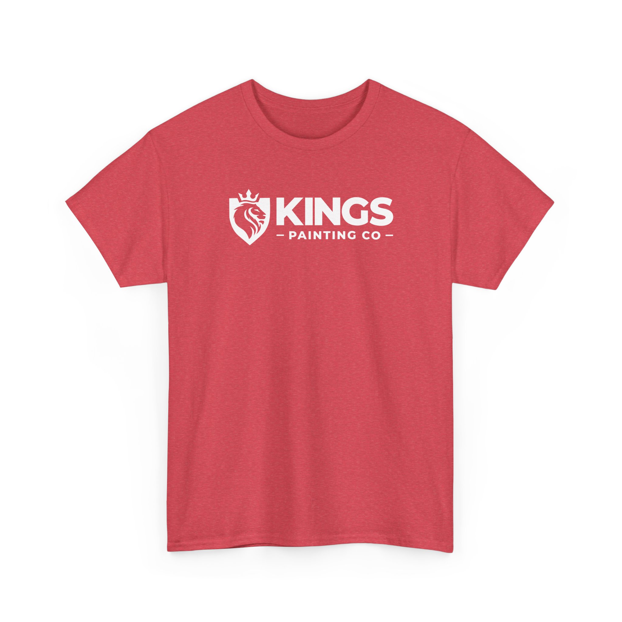 Kings Painting Co. Logo T‑Shirt (Heather) | Gildan Ultra Cotton (G5000): A red t-shirt featuring a white "KINGS PAINTING CO." text next to a crowned lion’s head inside a shield, centered on the chest.