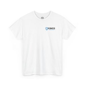 Kings Painting Co. Logo T‑Shirt (Pocket Logo & Back Graphic) in white, featuring a small blue and black KINGS PAINTERS CO. logo and shield graphic on the left chest. Displayed laid flat on a white background.