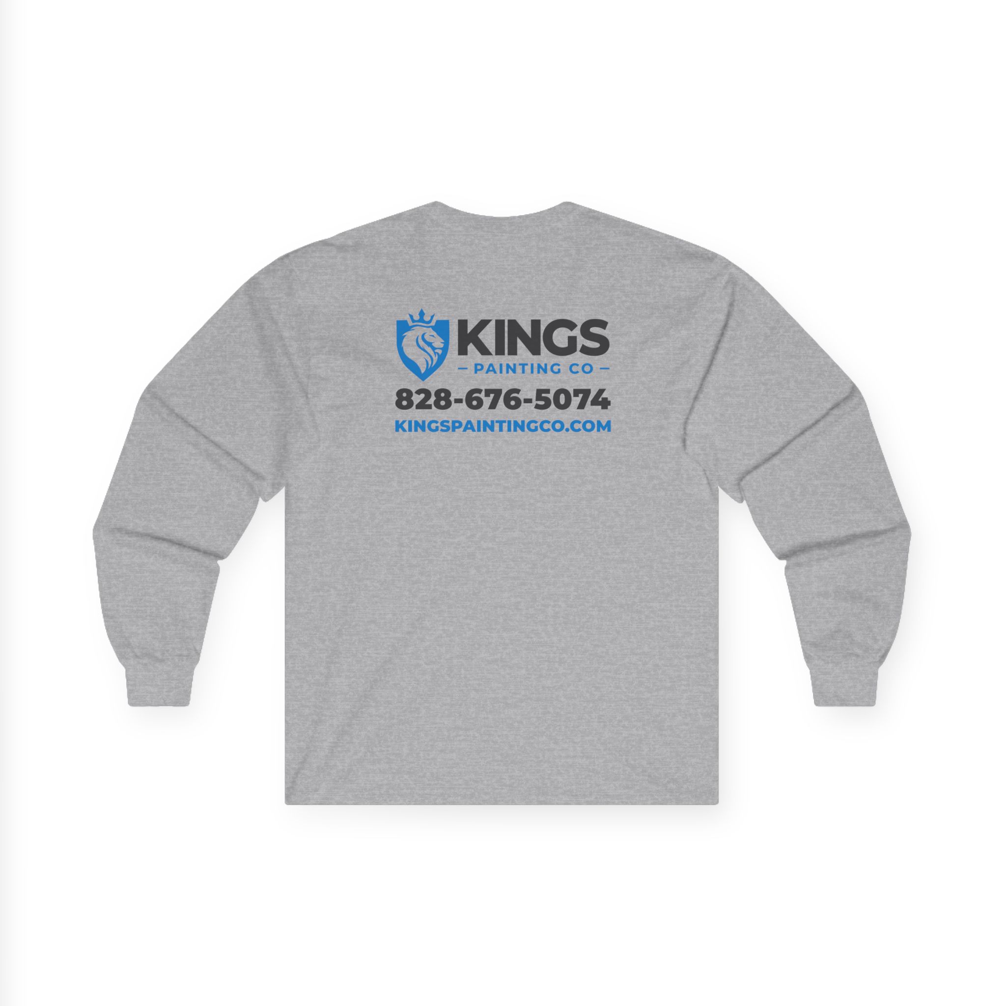 Kings Painting Co. Long Sleeve Tee (Gildan 2400) – gray long-sleeve shirt featuring Kings Painting Co, a blue crown logo, phone number 828-676-5074, and website kingspaintingco.com printed on the back in blue and black text.
