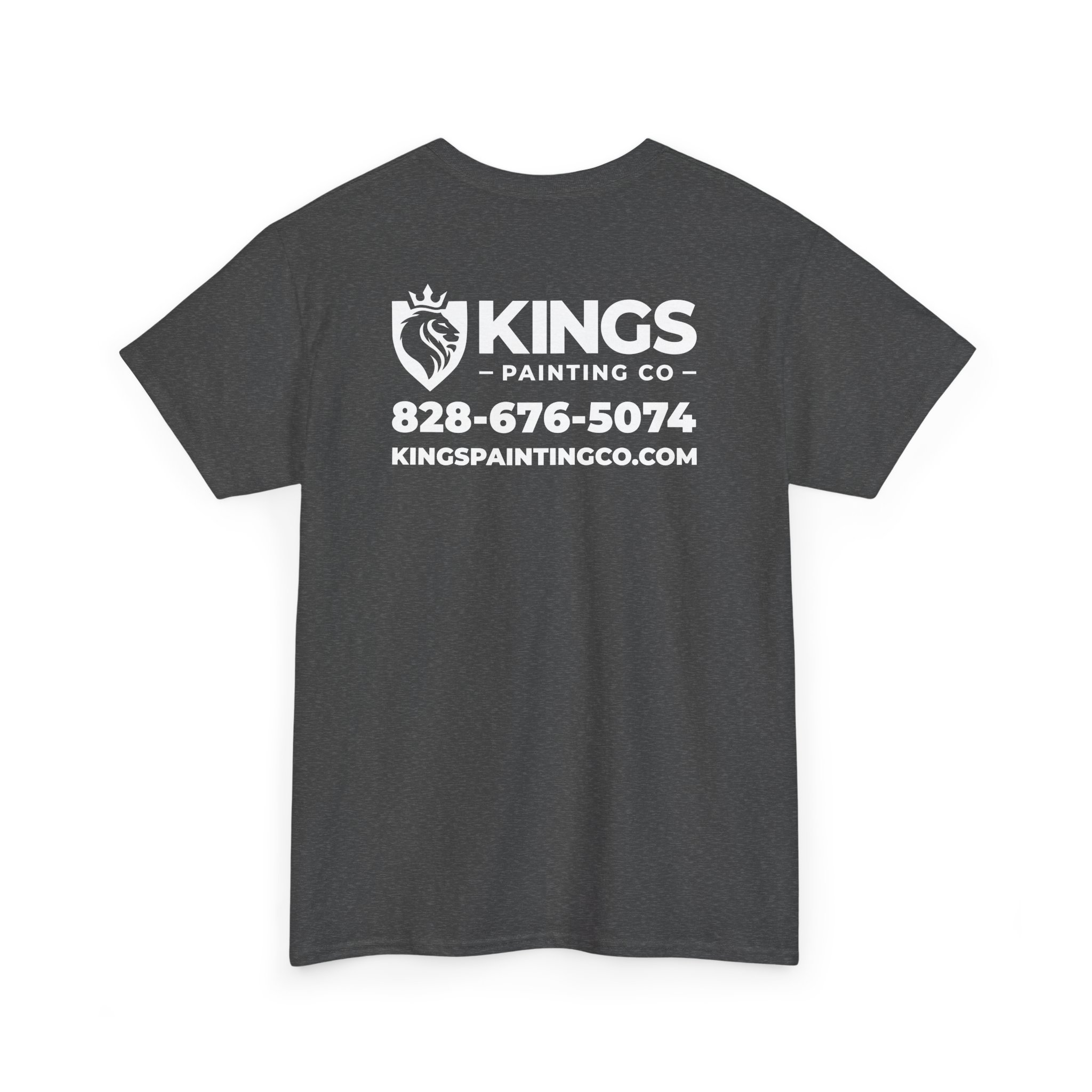 The Kings Painting Co. Logo T‑Shirt (Heather) | Gildan Ultra Cotton (G5000) is a dark gray tee featuring "KINGS PAINTING CO," a lion logo, the phone number 828-676-5074, and the website KINGS PAINTINGCO.COM printed in white on the back.