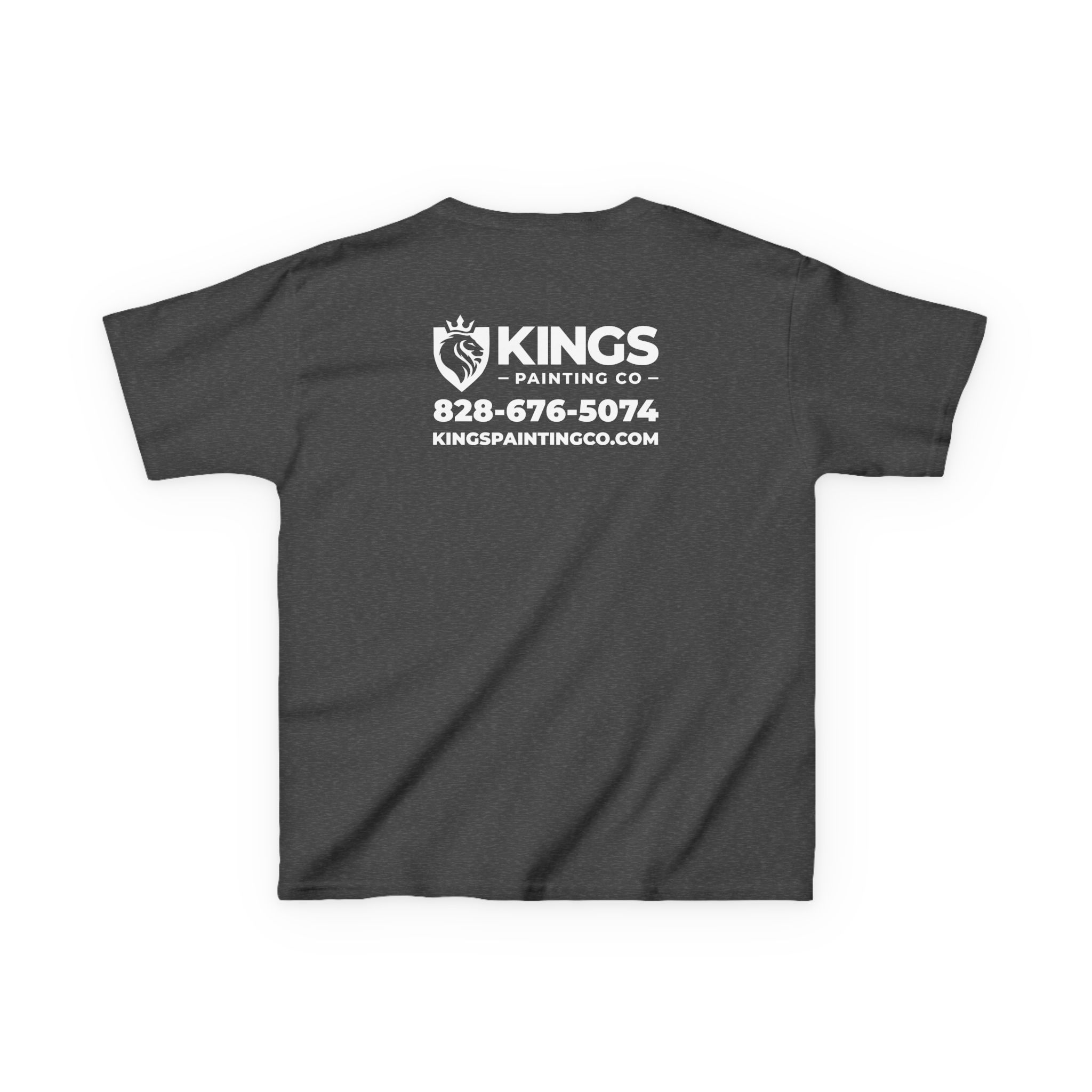 Back of the Kings Painting Co. Kids T-Shirt (White Graphics) | Gildan® in dark gray, featuring the Kings Painting Co. name, a crowned paintbrush logo, phone number 828-676-5074, and website kingspaintingco.com all printed in white.