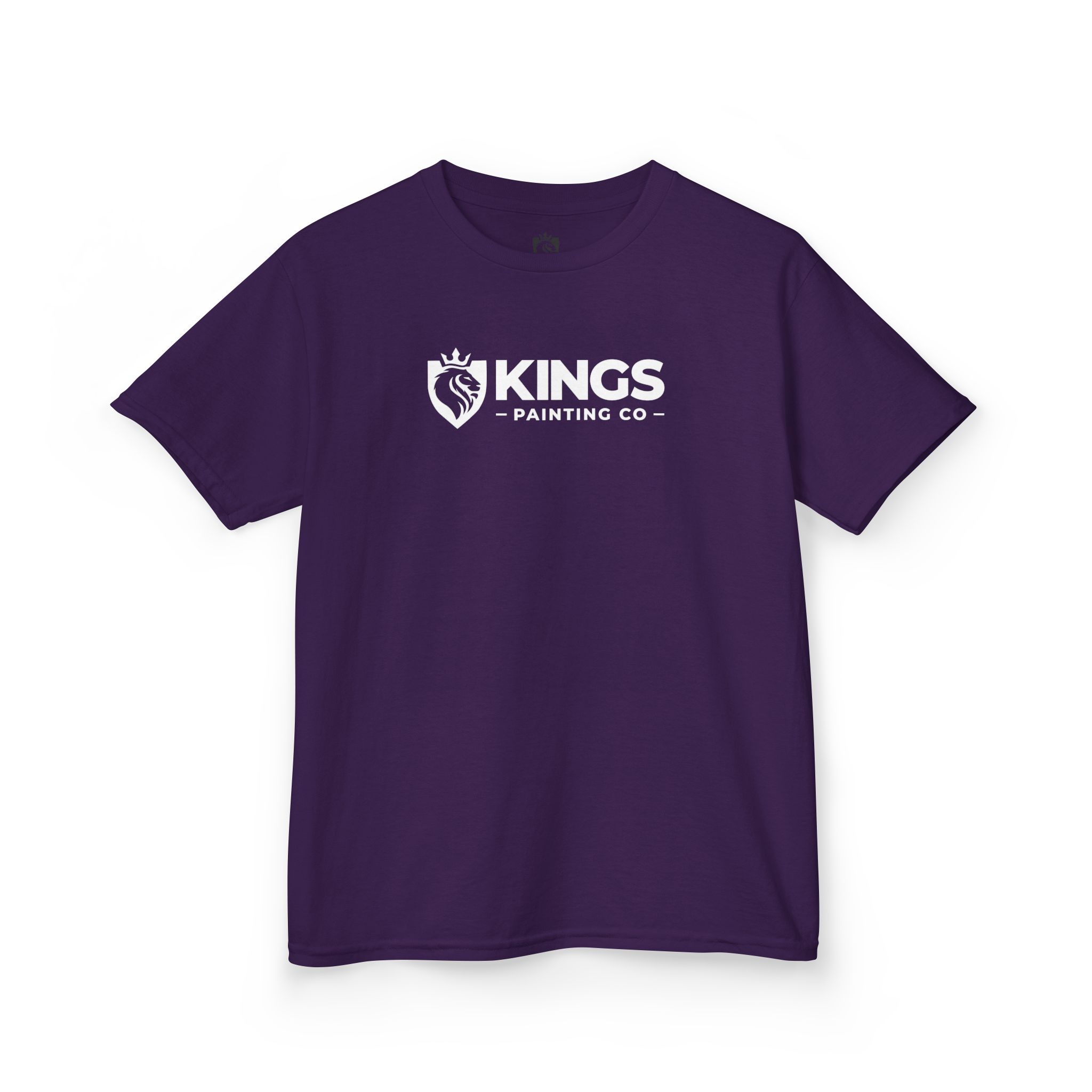 A Kings Painting Co. Kids T-Shirt (White Graphics) by Gildan®, featuring a purple color, a white KINGS PAINTING CO logo, and a crowned lion emblem on the front.