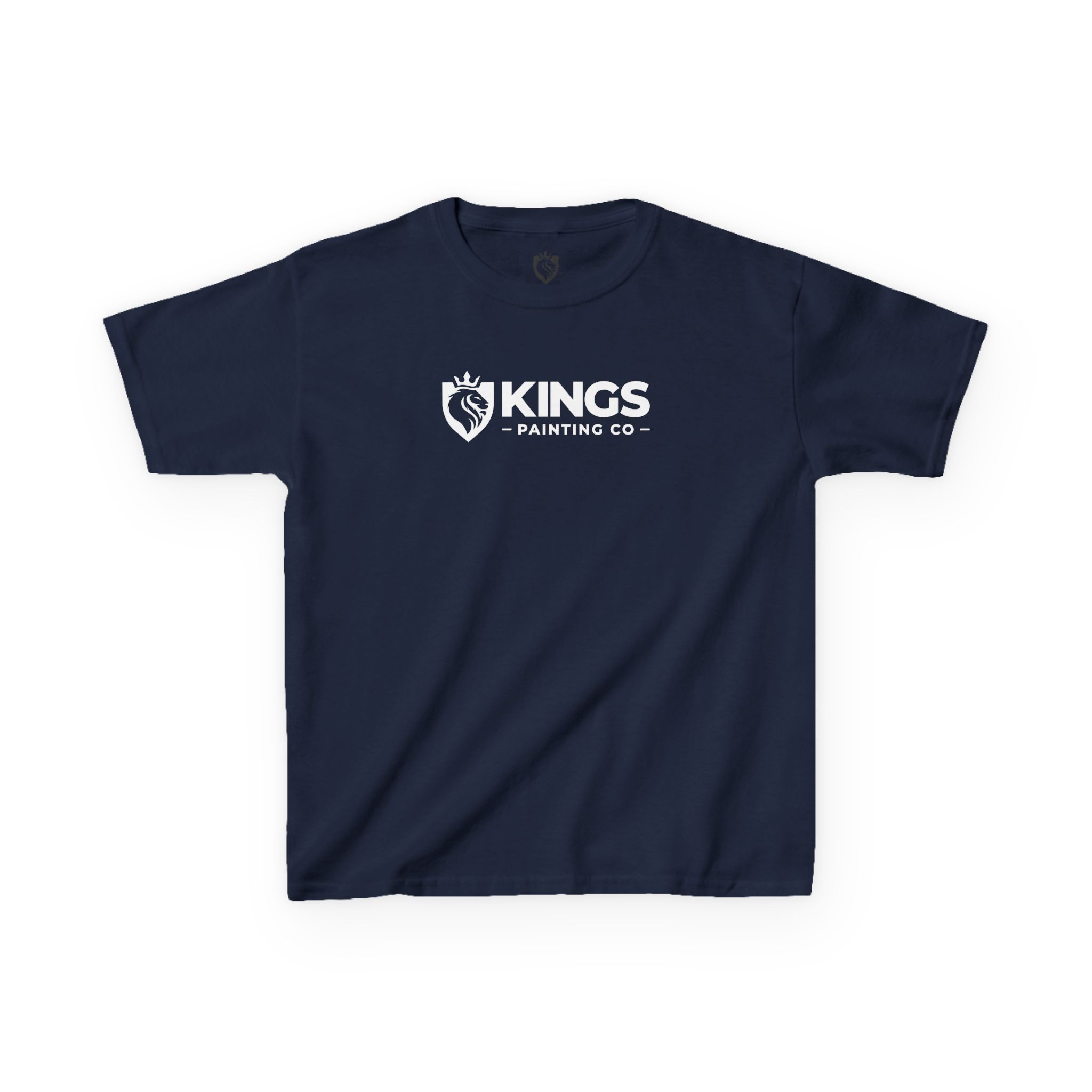Kings Painting Co. Kids T-Shirt (White Graphics) by Gildan® in navy blue, featuring a white Kings Painting Co. logo with a crown-topped paintbrush shield on the chest.
