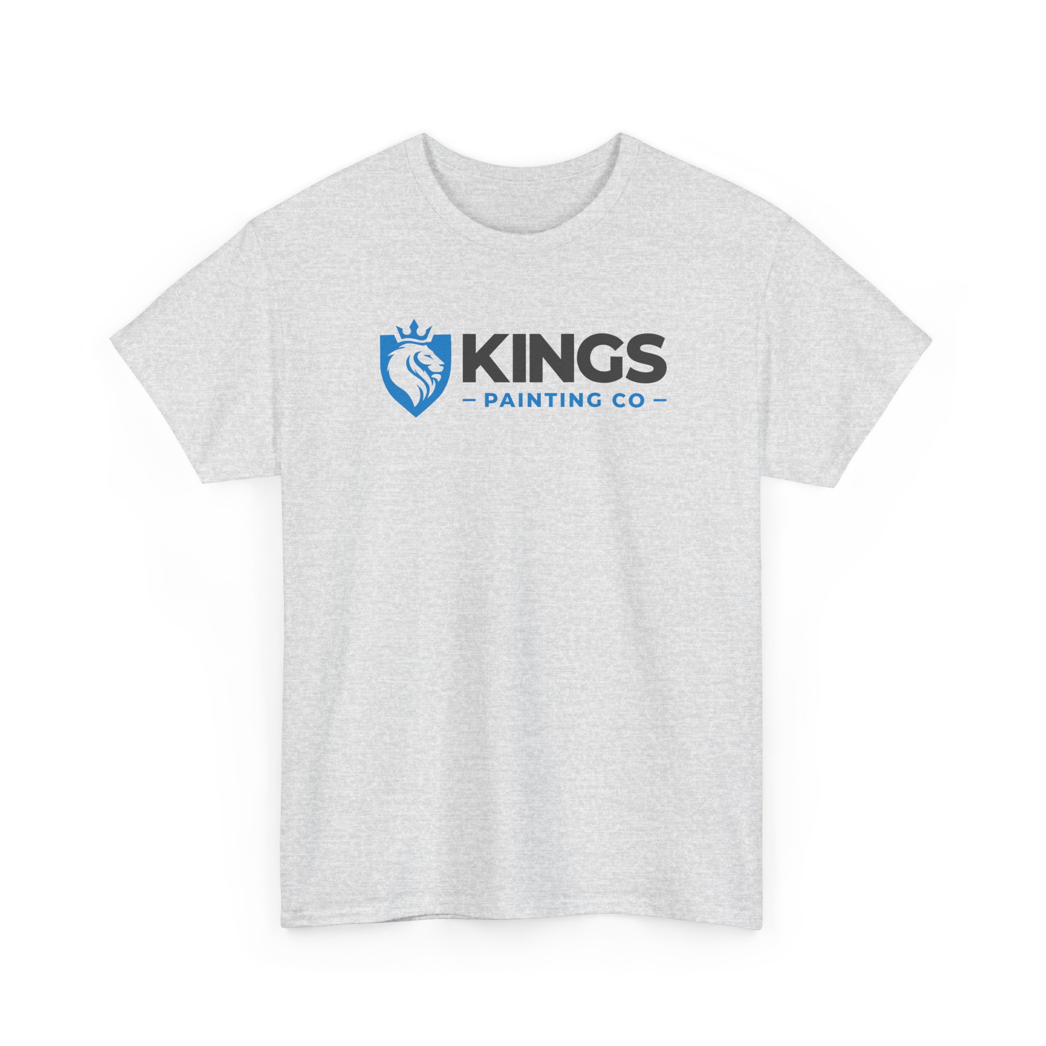 Kings Painting Co. Logo T‑Shirt | Gildan Ultra Cotton (G2000): This light gray t-shirt features the KINGS PAINTING CO text in black and blue, with a blue lion’s head wearing a crown inside a shield logo on the left. The design is centered on the shirt.