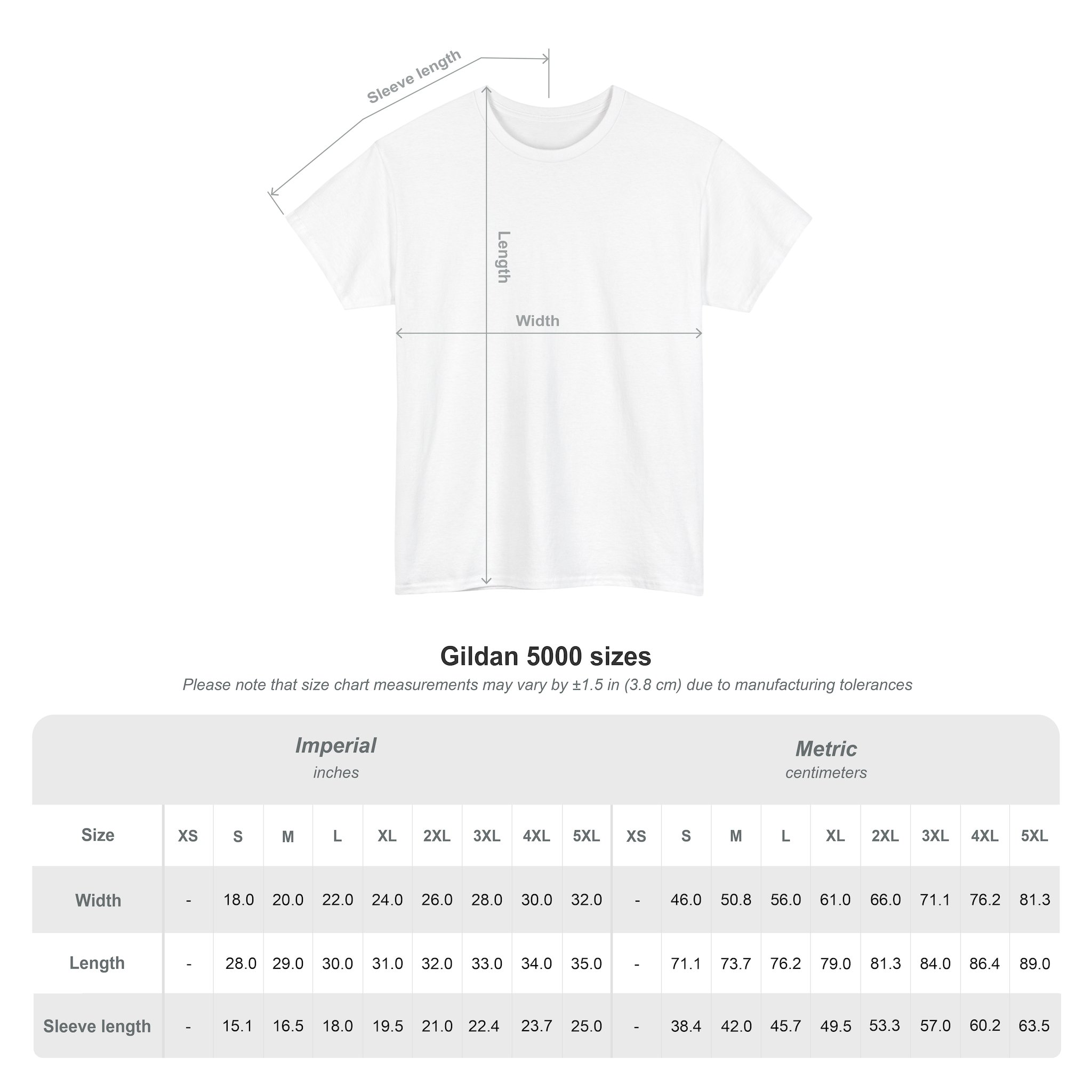 Diagram of a white Kings Painting Co. Logo T‑Shirt (Gildan Ultra Cotton G2000) displaying measurement lines for length, width, and sleeve length, above size charts in inches and centimeters ranging from XS to 5XL.